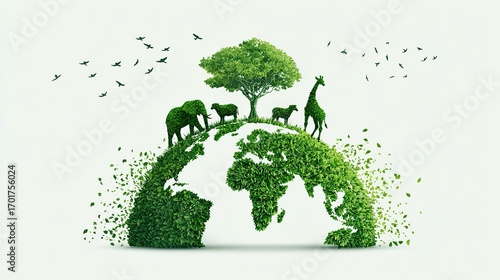 Digital illustration of green foliage Earth with silhouettes of elephant, giraffe, lion, tiger, sheep, tree and birds, symbolizing biodiversity and nature for World Animal Day