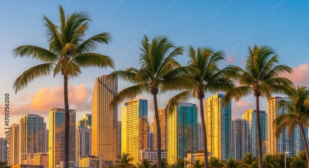 Fototapeta premium Palm trees stand tall against a city skyline bathed in the warm light of dusk with colorful clouds in the clear sky