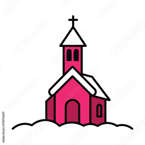 flat vector Cute pink church with snow roof and cross