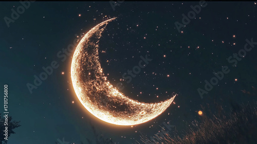 A crescent moon glowing brightly in a dark sky filled with twinkling stars and soft ambient light effects