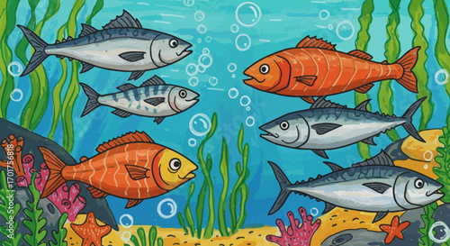 Colorful Cartoon Fish Swimming in the Ocean with Seaweed and Coral Reefs