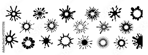 Collection of Black Ink Splatter and Burst Shapes on White Background