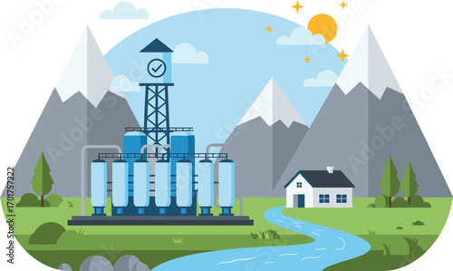 Clean water filtration plant, modern water purification system, mountain landscape, eco-friendly facility, sustainable drinking water, nature and technology integration