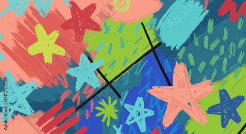 Vibrant abstract painting featuring whimsical stars and colorful brush strokes