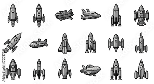 Collection of various spacecrafts and rockets, in a pixel art style, presented in different orientations and designs.