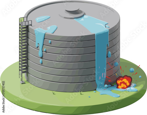 Industrial water tank leak, damaged storage container explosion, water leakage emergency, burst tank, liquid spill hazard, maintenance failure scene