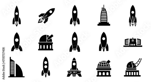 Black and white vector icons of rockets, observatories, and buildings.