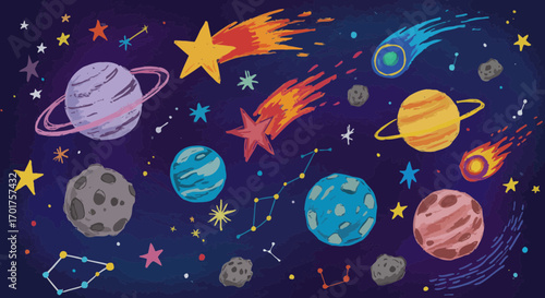 Hand-drawn illustration of planets, stars, constellations, and asteroids in space