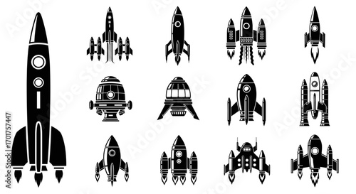 A collection of fourteen black and white vector icons showing various rocket and spaceship designs.