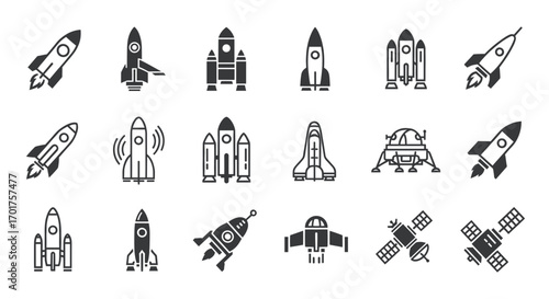 A collection of various rocket and spacecraft icons, including shuttles, satellites, and lunar modules, presented in a clean, monochrome style.