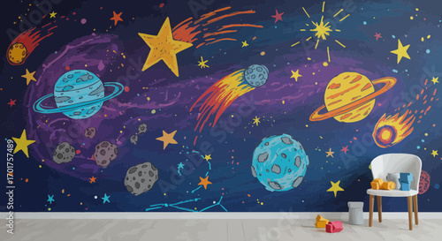 Child's playroom featuring vibrant hand-drawn space and planetary scene on the wall