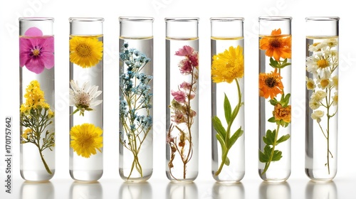 Pressed flowers in clear test tubes