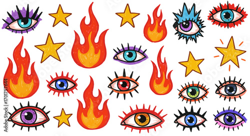 Eye-catching doodles: a vibrant and playful composition of stars, flames, and eyes