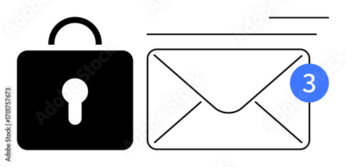 Black lock icon, envelope with notification badge illustrating data privacy, email protection. Ideal for communication, cybersecurity, inbox security, encryption, online messages, spam control
