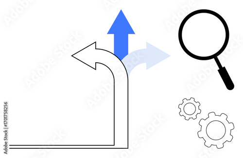 Curved arrow showing diverging directions with blue arrow, magnifying glass, and gears. Ideal for decision-making, strategy, analysis, innovation, navigation, business growth simple landing page