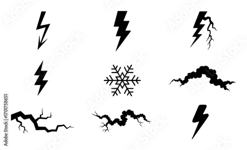 Collection of Black Lightning Bolts, Snowflake, and Crack Icons