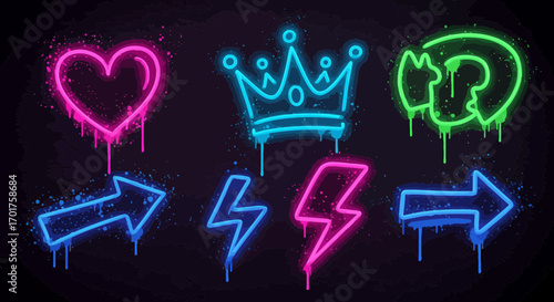 Neon graffiti illustration with heart, crown, arrow and lightning on dark backdrop
