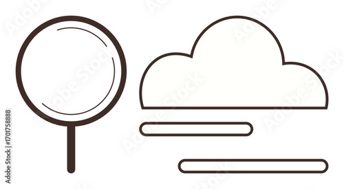 Magnifying glass and cloud outline with horizontal bars evoke themes of search, data analysis, cloud computing, technology, information retrieval, online exploration, and connectivity. Ideal