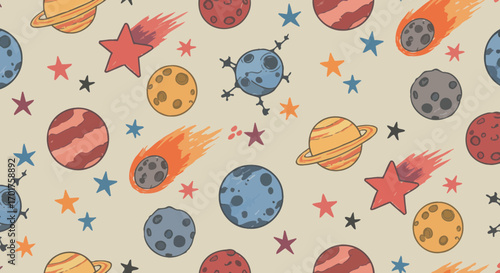 Playful Outer Space Seamless Pattern with Planets, Stars and Comets Design