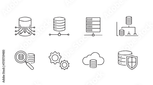 Collection of eight distinct database and data management icons in a clean silhouette style