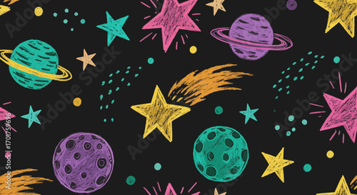 Colorful cosmic pattern with planets, stars and comets on a dark backdrop