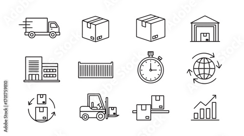 Collection of logistic and delivery service icons in a sketched silhouette style