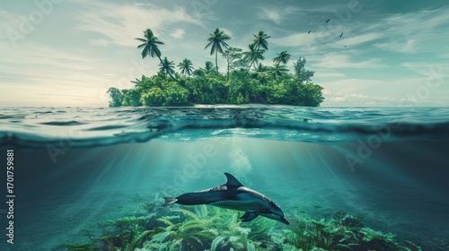 Tropical Island Scene with Dolphins Underwater and Above Water in Bright Natural Light
