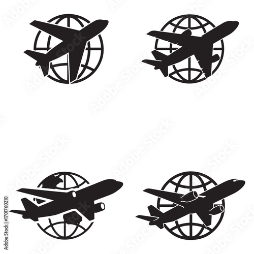 Four black and white silhouettes of airplanes flying above globes, representing global travel.