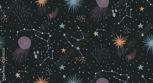 Whimsical cosmic constellation pattern on dark backdrop offering a celestial aesthetic
