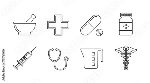 Collection of medical and healthcare symbols in a simple line drawing silhouette