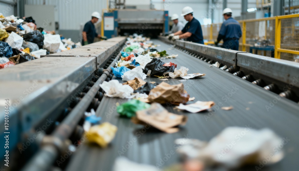 Obraz premium Waste Sorting Facility: Workers Processing Recyclable Materials on a Conveyor Belt for Efficient Recycling and Waste Management