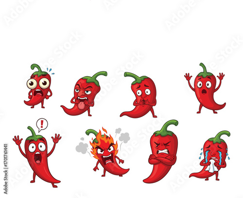 Set of Funny Cartoon Chili Pepper Characters with Various Expressions