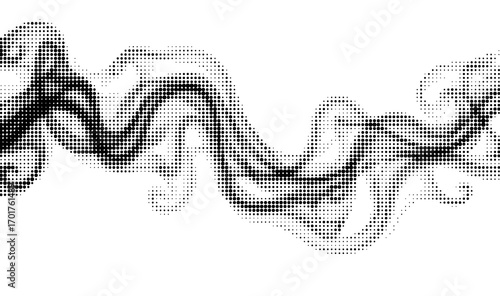 A dynamic vector illustration of flowing smoke with a halftone dot pattern. The abstract and modern design is ideal as a background, texture overlay, or graphic element for various digital projects.