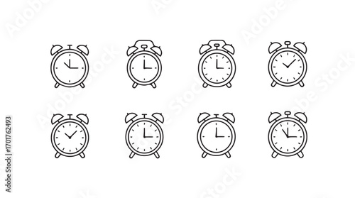 Collection of eight retro alarm clock silhouettes showing different times silhouette