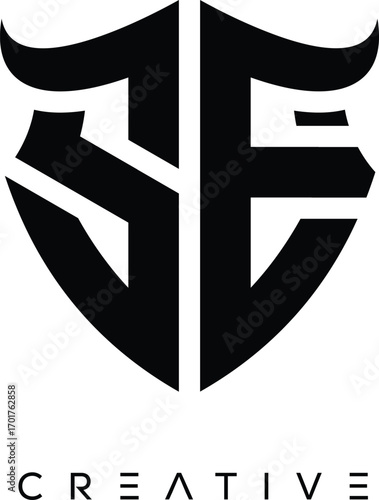 Fototapeta SE Shield Monogram Logo with Bull Horn – Bold Emblem Symbol for Security, Protec