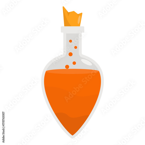 Vibrant orange potion in a glass bottle with a cork, set against a minimalist backdrop