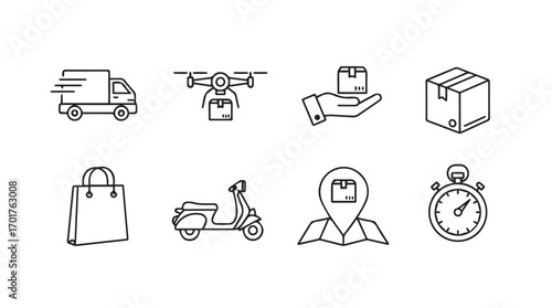 Set of eight delivery and logistics icons in a hand drawn silhouette style