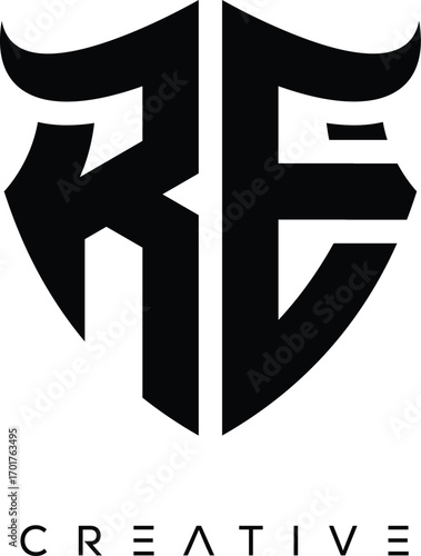 Obraz na plátně RE Shield Monogram Logo with Bull Horn – Bold Emblem Symbol for Security, Protec