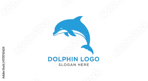 A stylized blue dolphin leaps in an elegant logo template with sample text on a white background.