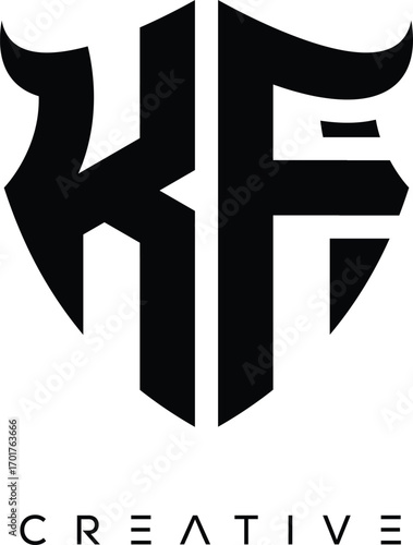 Fotografie KF Shield Monogram Logo with Bull Horn – Bold Emblem Symbol for Security, Protec