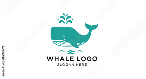A stylized teal whale logo with water spout and simple wave graphics, perfect for branding.