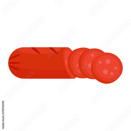 Sliced red sausage on a white background, showcasing fresh and appetizing meat slices