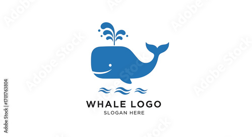 A friendly blue cartoon whale logo spouting water, smiling above ocean waves with placeholder text.