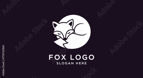 Sleeping fox curled within a circular moon design, minimalist logo.