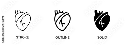 Heart icon for medical health, cardiovascular, circulatory system. Vector stroke, outline and solid icons. Eps10 file.