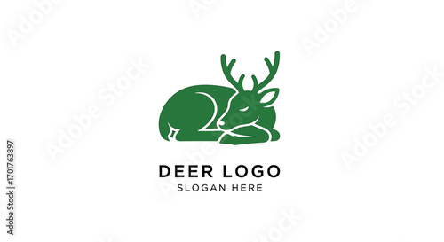 A green, stylized logo of a deer resting with its head tucked in, featuring antlers and a simple, elegant design.