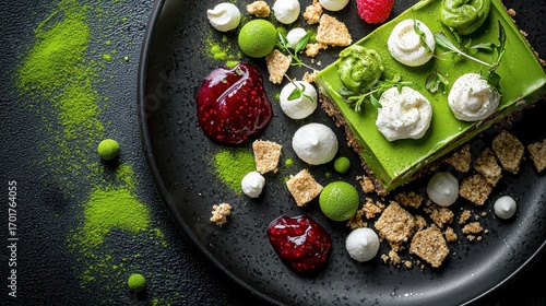 Deconstructed matcha cheesecake with white chocolate spheres, graham cracker crumbles and raspberry gel on dark ceramic plate in fine dining presentation