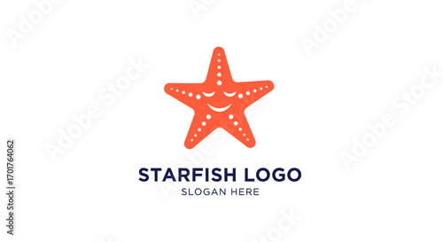 Orange starfish logo with a happy face, simple design, for a business or brand.