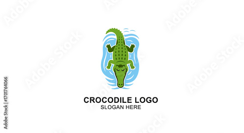 A modern logo design featuring a green crocodile swimming in blue water, viewed from a top-down perspective.