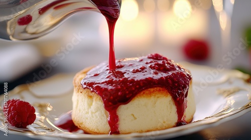 Fresh raspberry sauce drizzling onto creamy cheesecake slice, elegant dessert presentation, warm bokeh lighting, gourmet pastry styling, fine dining experience